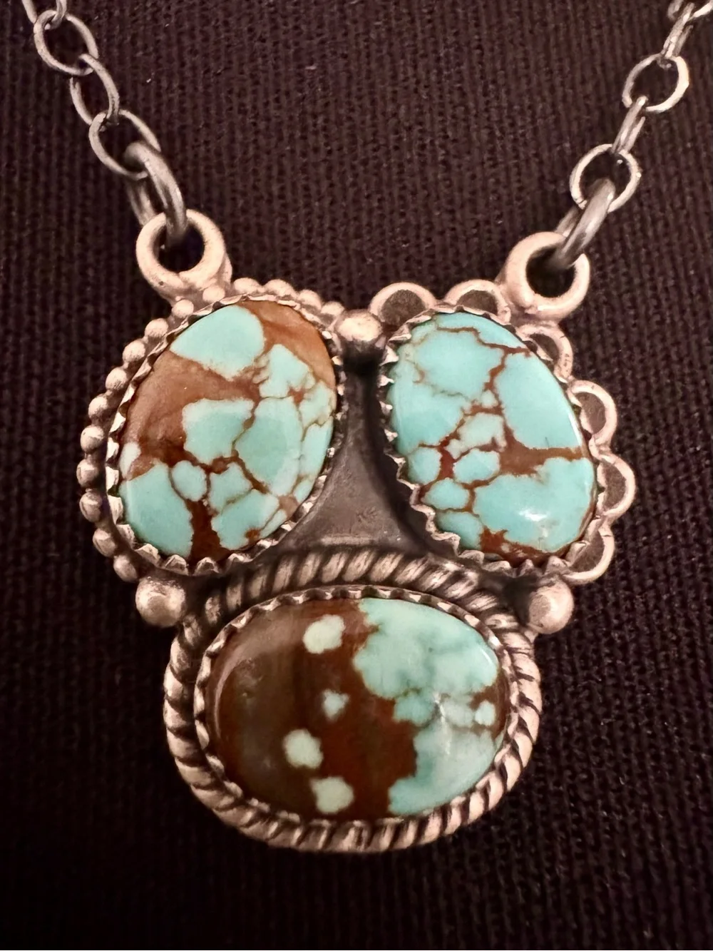 Sterling Silver genuine Turquoise Triple Stone Pendant native design- Blue Brown